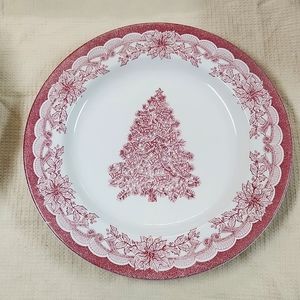 Staffordshire Engravings Yuletide 10 3/8 diameter.  Red/pink in color.